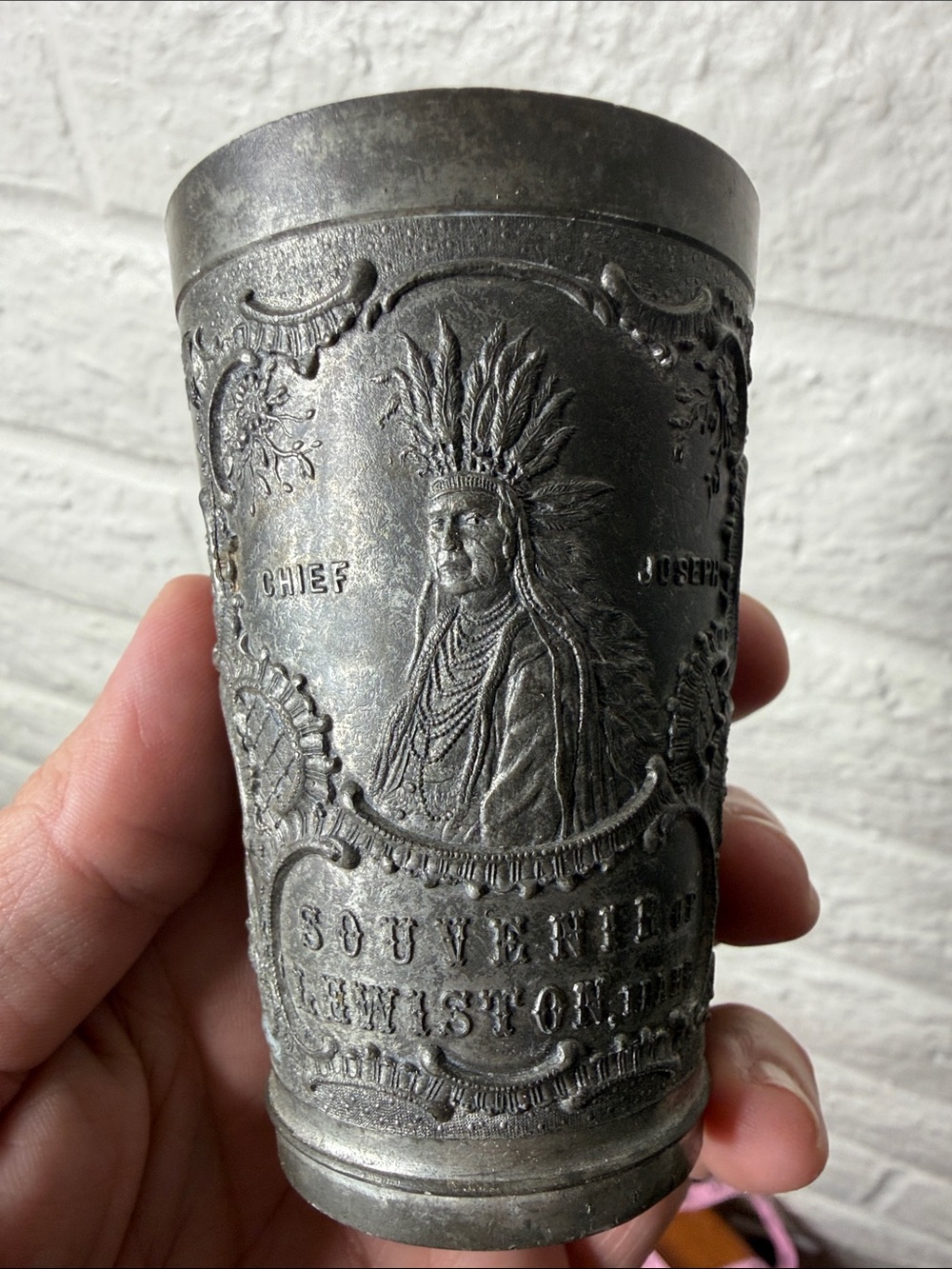 Antique Pewter Lewiston Idaho Chief Joseph Native American Souvenier Cup